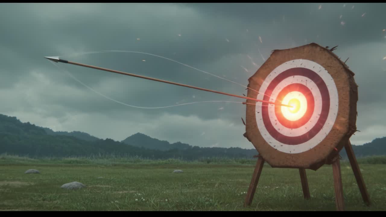 An Arrow Strikes the Bullseye: Capturing the Moment of Precision and Skill in Archery as a Target is Perfectly Hit amidst a Dramatic Sky and Scenic Backdrop