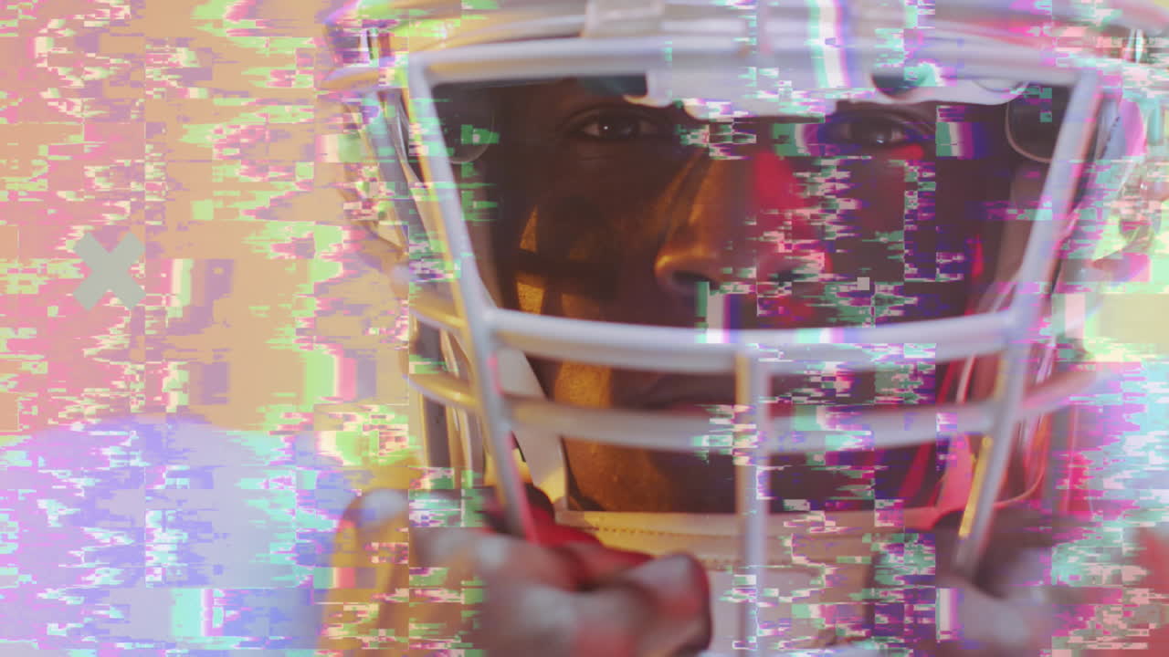 анимация обработки данных с маркерами над афроамериканским американским футболистом.