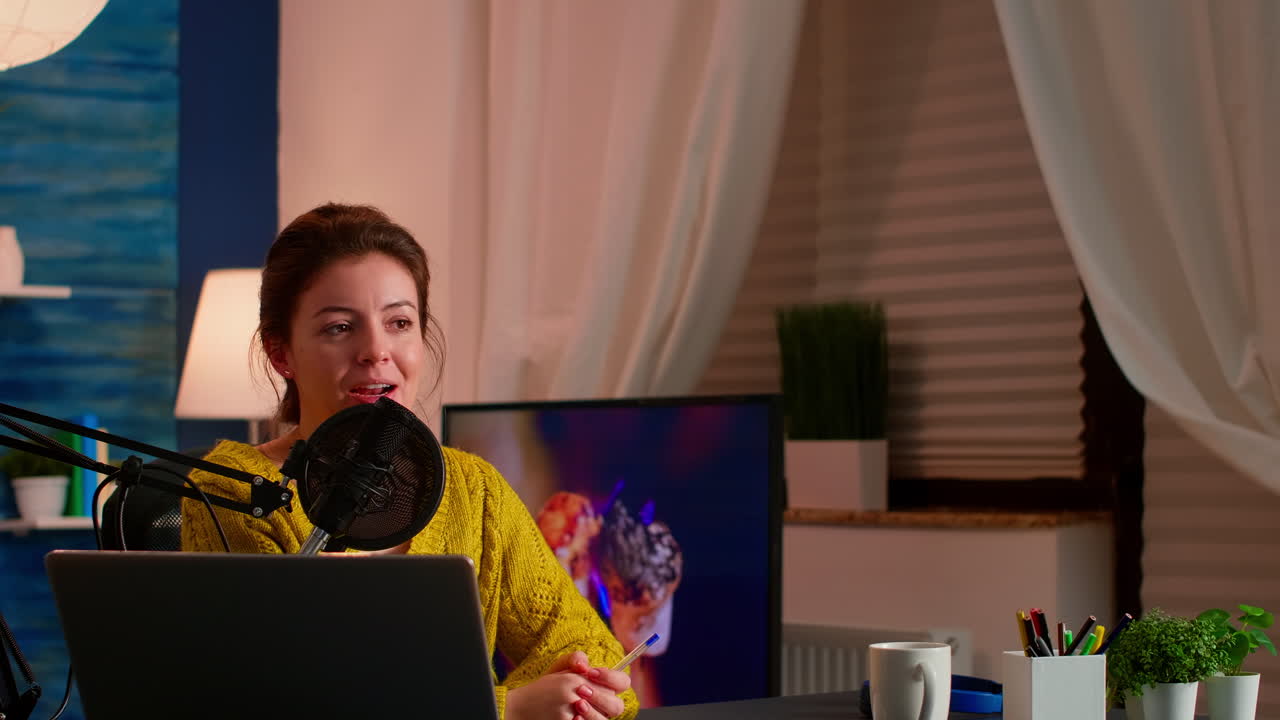 Influence vlogger talking and smiling during live streaming