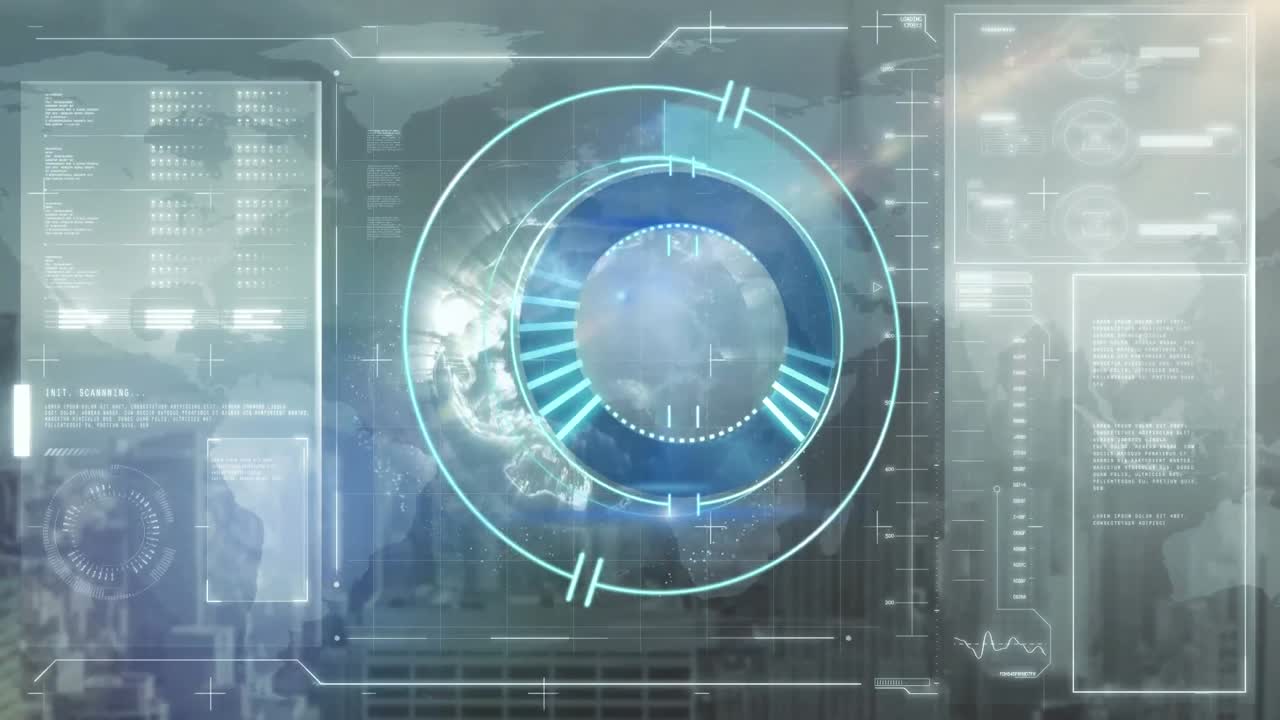 Animation of scope scanning and data processing over cityscape