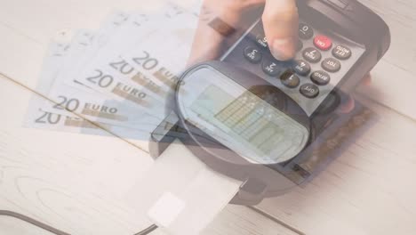 animation of euro banknotes falling over hand of caucasian man holding payment terminal