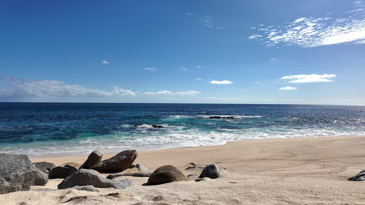 Serene Beach Scene with Rocks and Blue Ocean