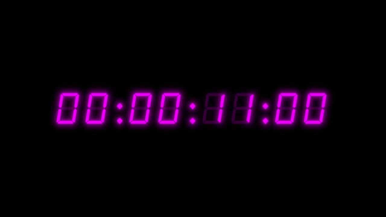 8-digits 60 seconds (1 minute) digital clock counting timer. Glowing Magenta or purple digits on black color background. Retro digital alarm clock