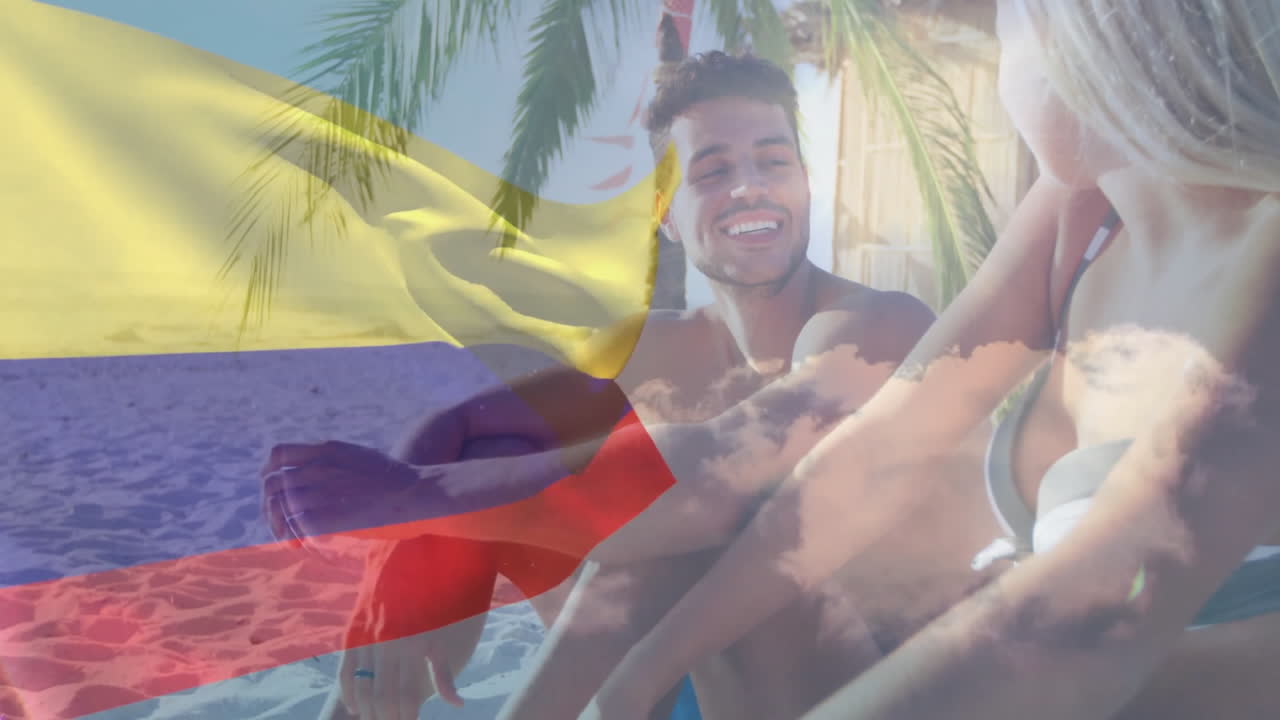 Relaxing on beach, people with Colombian flag and palm trees in background animation