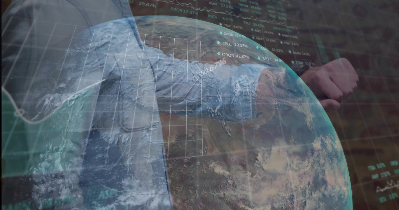 Homme avec une montre connectée projetant un globe de données en rotation affichant les tendances technologiques en temps réel.