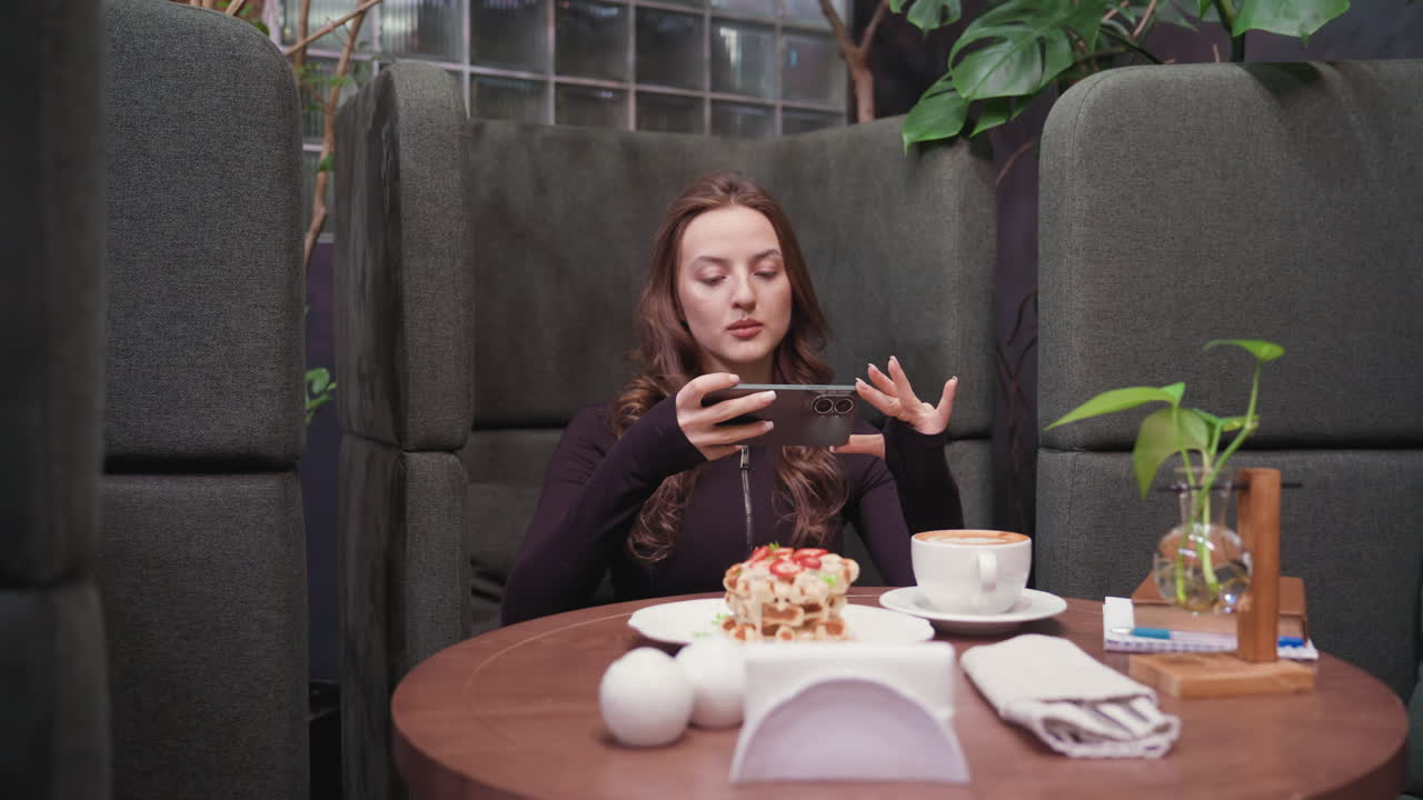 Young woman seated indoors photographing waffles and latte on wooden table decorated with plants, notebooks, and napkin holder, with green cushioned booth, and glass block window in background