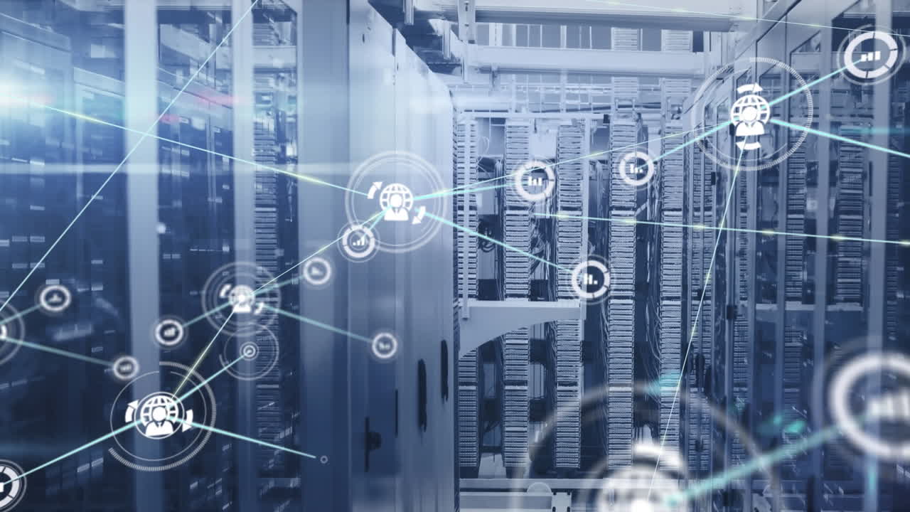 Animation of network of connections with icons and moving columns over server room