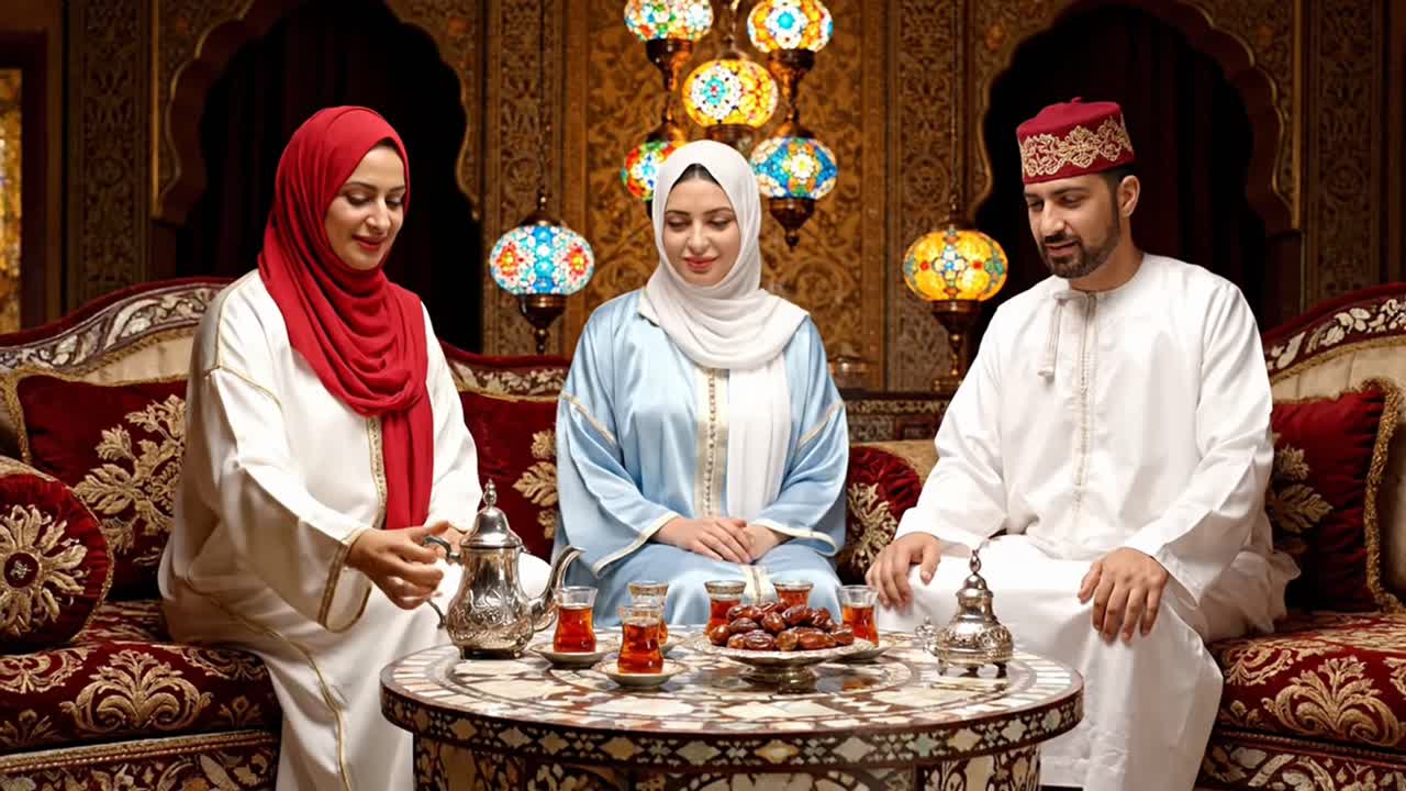 Friends Enjoying a Traditional Moroccan Tea Ceremony