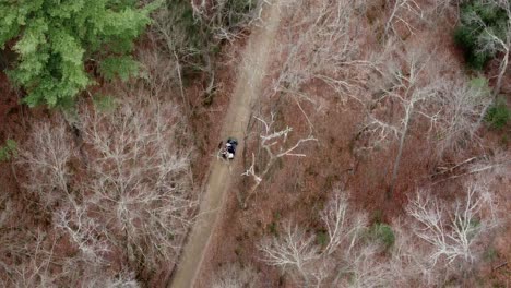 Una-Antena-De-Un-Vehículo-En-Un-Camino-De-Tierra-En-El-Bosque-Durante-La-Temporada-De-Invierno