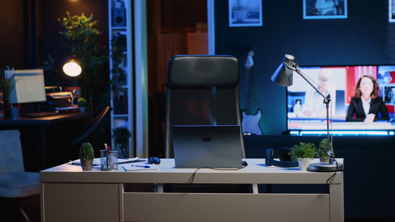 Mesa de escritório cheia de itens de negócios em um interior de casa vazia com a TV deixada aberta