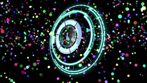 animación de un escáner circular con cuenta atrás, sobre puntos de luz multicolores que se elevan en negro