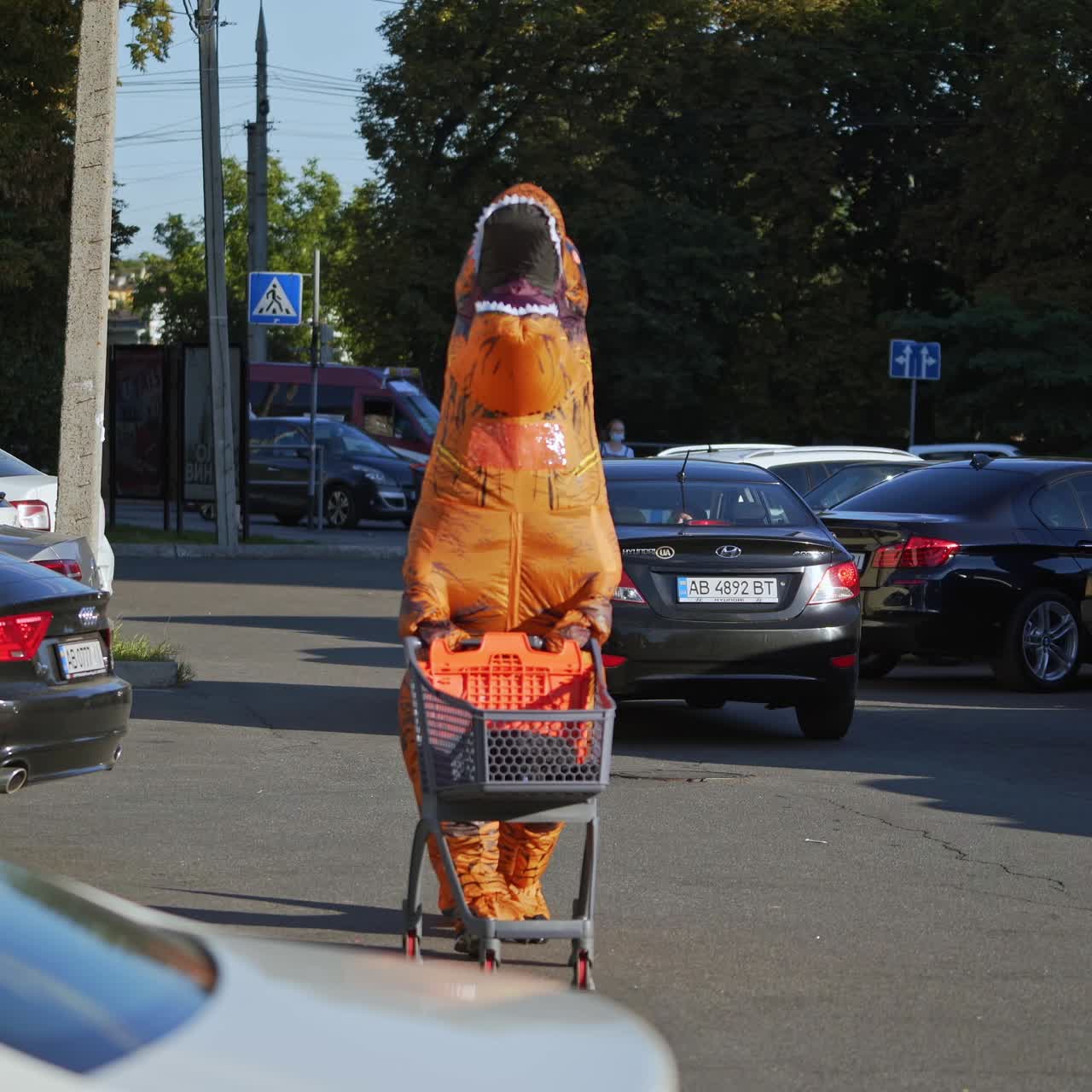 Funny animator in rex costume. Person in dino costume walking in the street