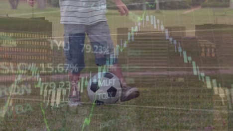 Animation-of-graphs-and-financial-data-over-legs-of-male-soccer-player-with-ball-on-field
