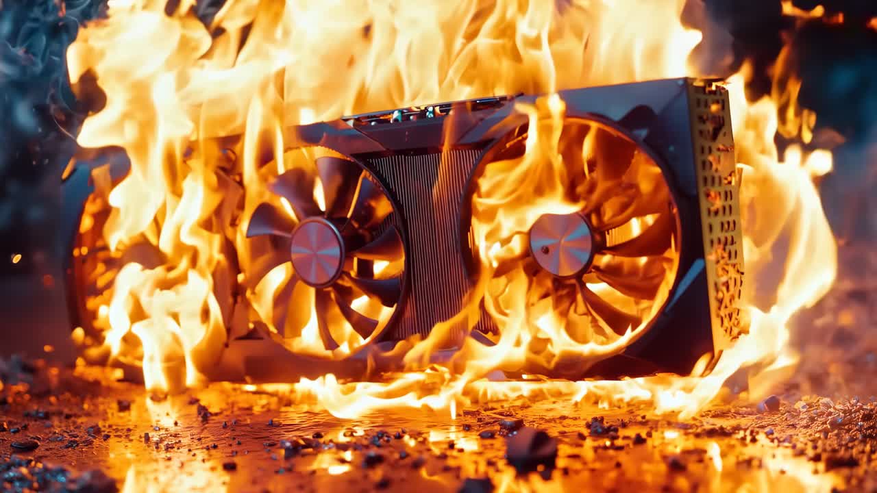 불꽃이 어나오는 화재로 불타는 비디오 카드