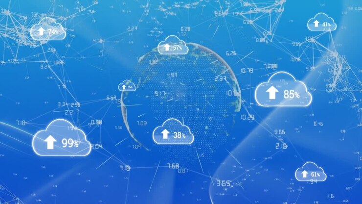 Animation of clouds with uploading over globe and network of connections