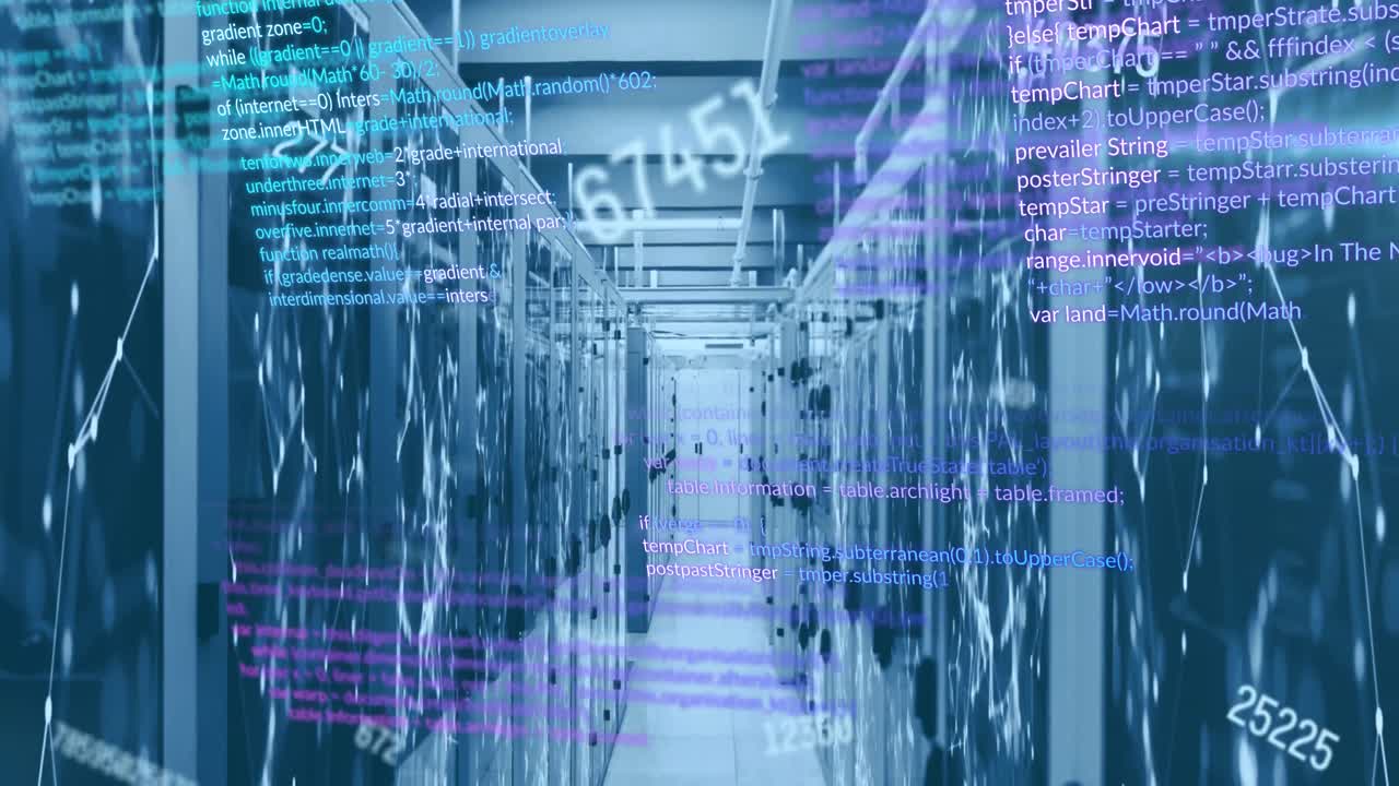 Animation of changing numbers and computer language over connected dots on server racks