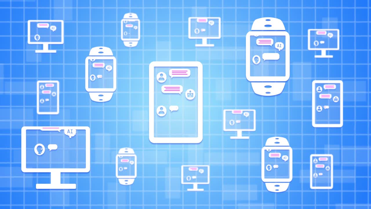 animación de las conversaciones de ai bot en pantallas sobre fondo azul.