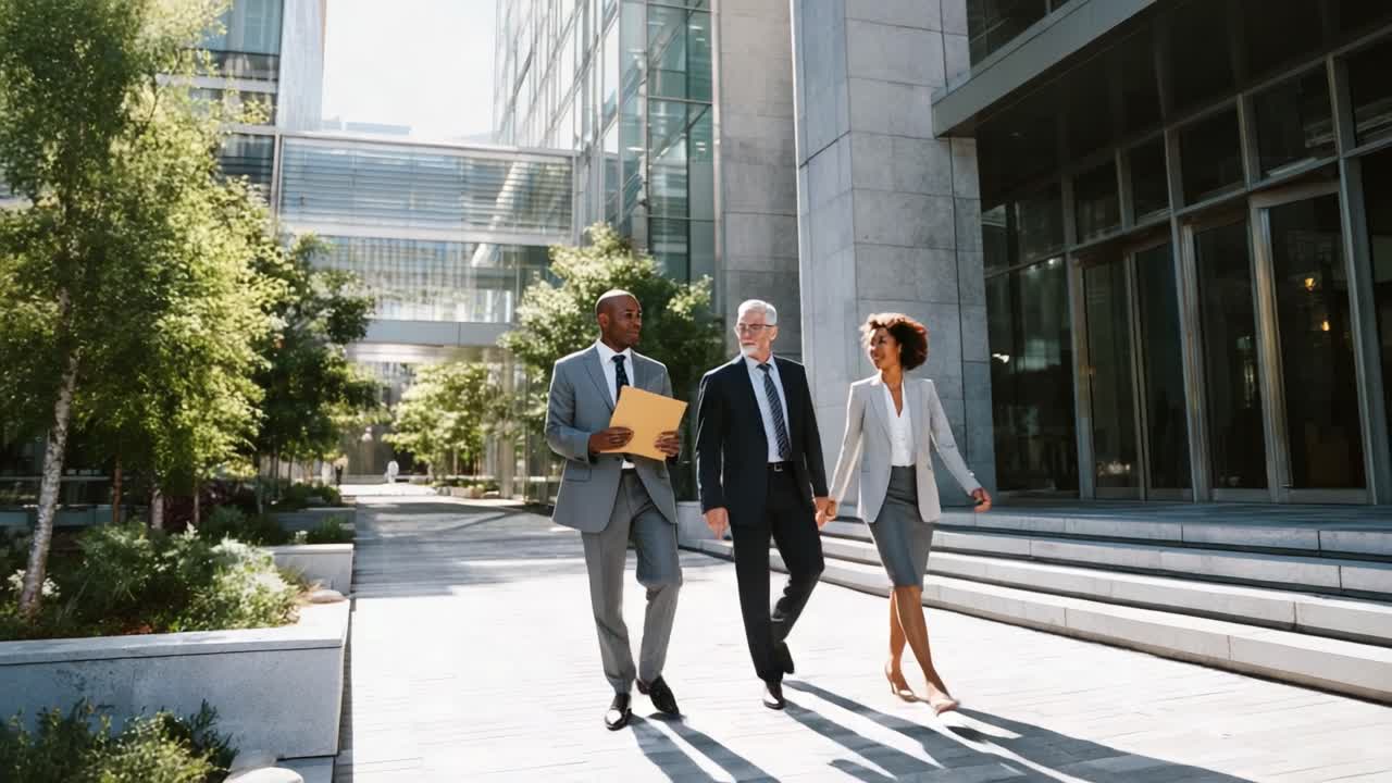 Professional Group of Three Colleagues Walking Together Outside a Modern Business Building, Engaged in Conversation and Holding Documents on a Bright, Sunny Day