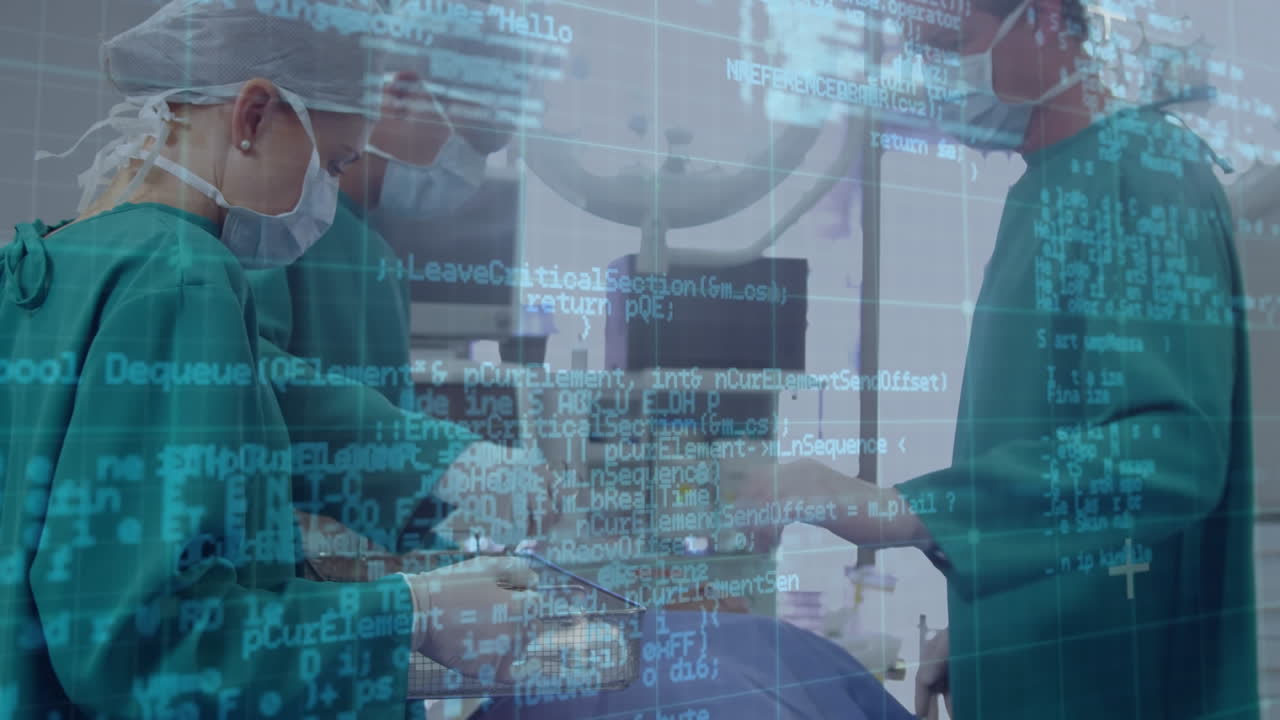 병원에서 환자에게 수술을 하는 다양한 외과 의사들에 대한 컴퓨터 언어의 애니메이션