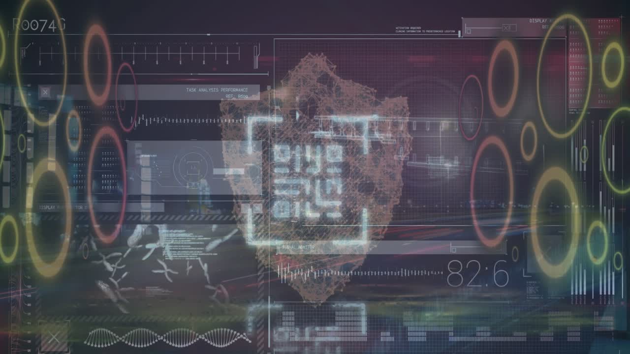 Animation of data processing and digital human brain over black background