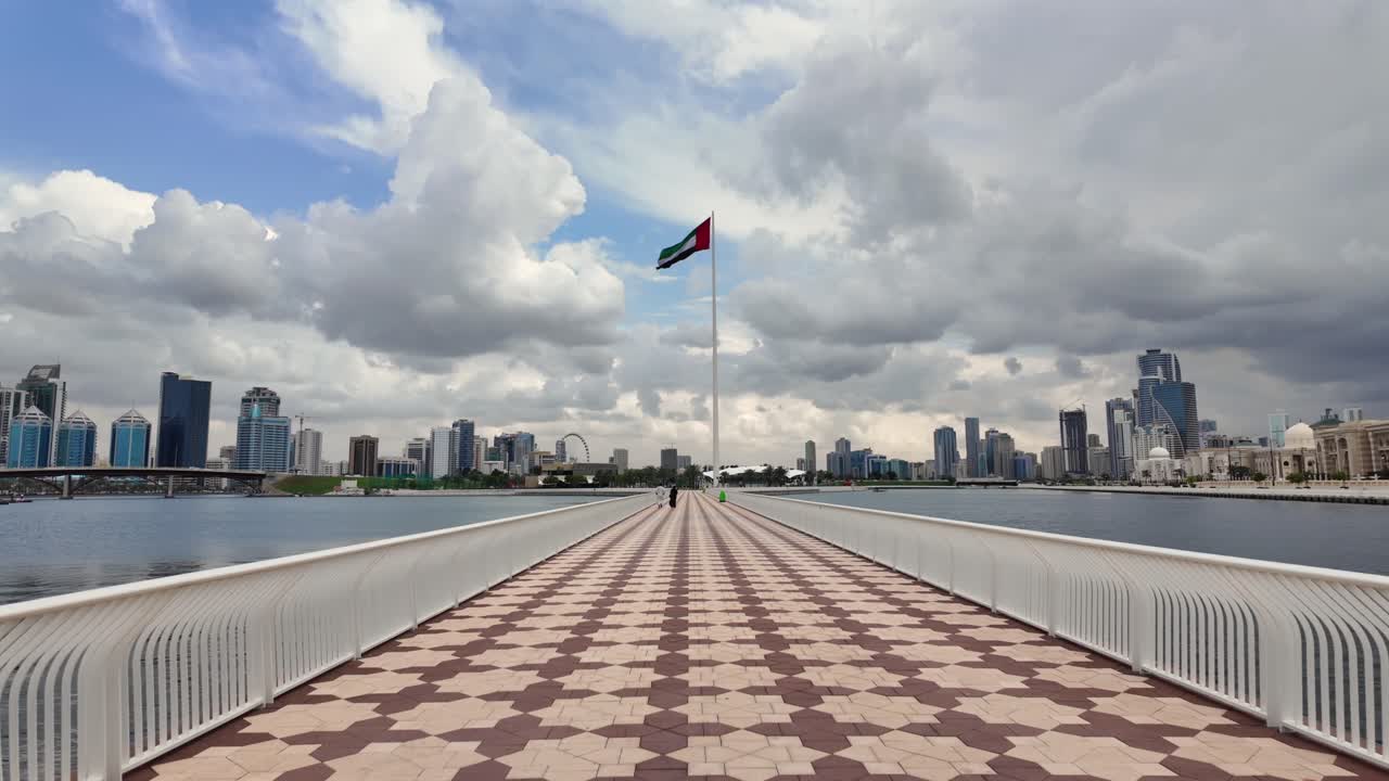 La bandiera degli Emirati Arabi Uniti sventola sotto cieli nuvolosi a Sharjah.