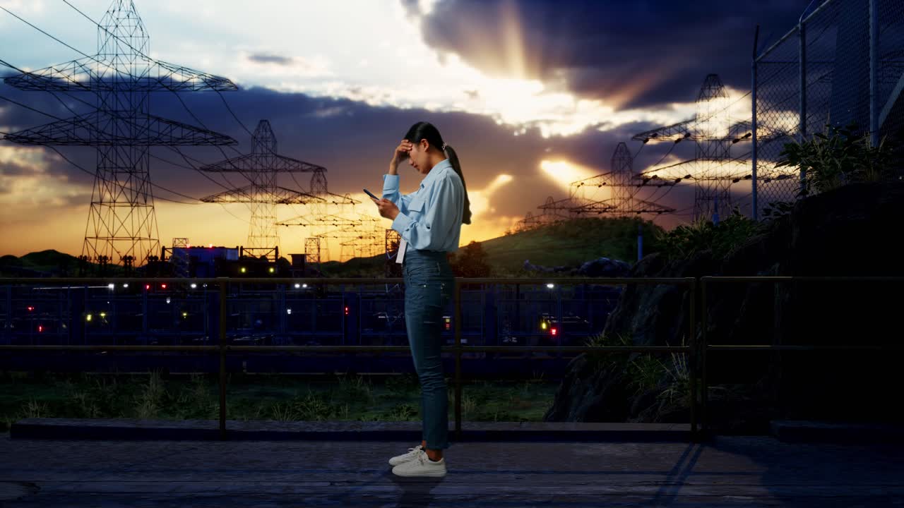 Full Body Side View Of An Asian Female Professional Worker Standing With Her Phone Near High Voltage Tower, Industrial Facility, She Is Nodding Her Shead With Dissapionted