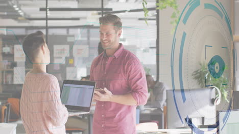 professionals presenting spreadsheet data in open-plan office, displaying circular graphic overlay