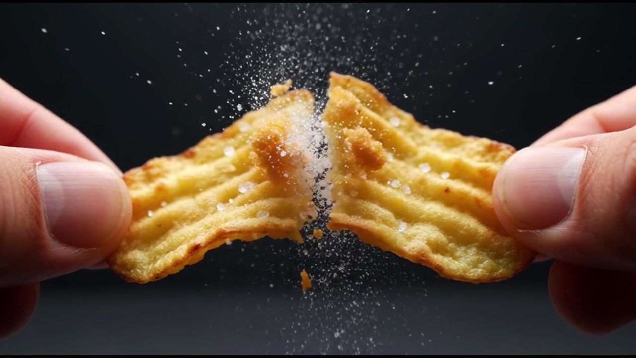 Primo piano di mani che spezzano una patatina ondulata salata
