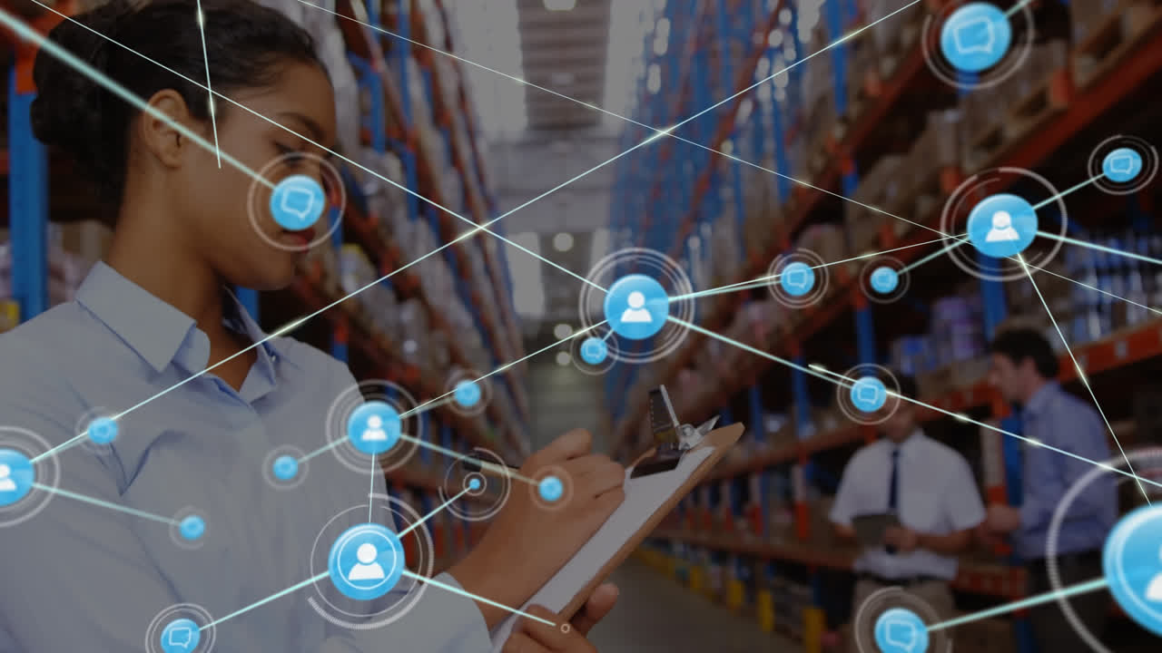 animación de la red de conexiones con iconos sobre diversas personas de negocios que trabajan en el almacén