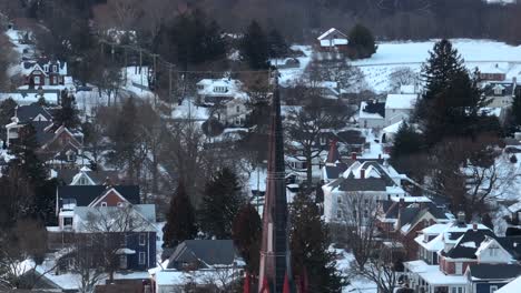 aerial view of a tall church steeple