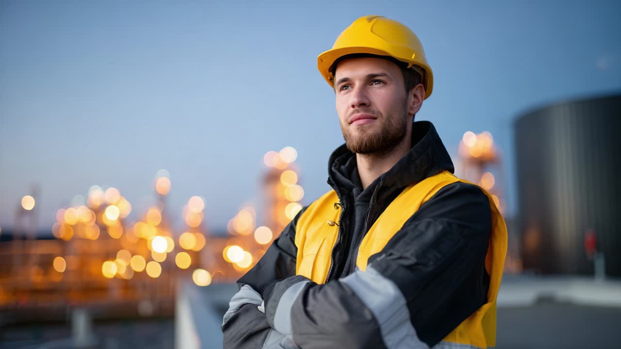 Professional male worker in safety gear stands confidently against an industrial backdrop, showcasing dedication, expertise, and an optimistic outlook in vibrant evening light