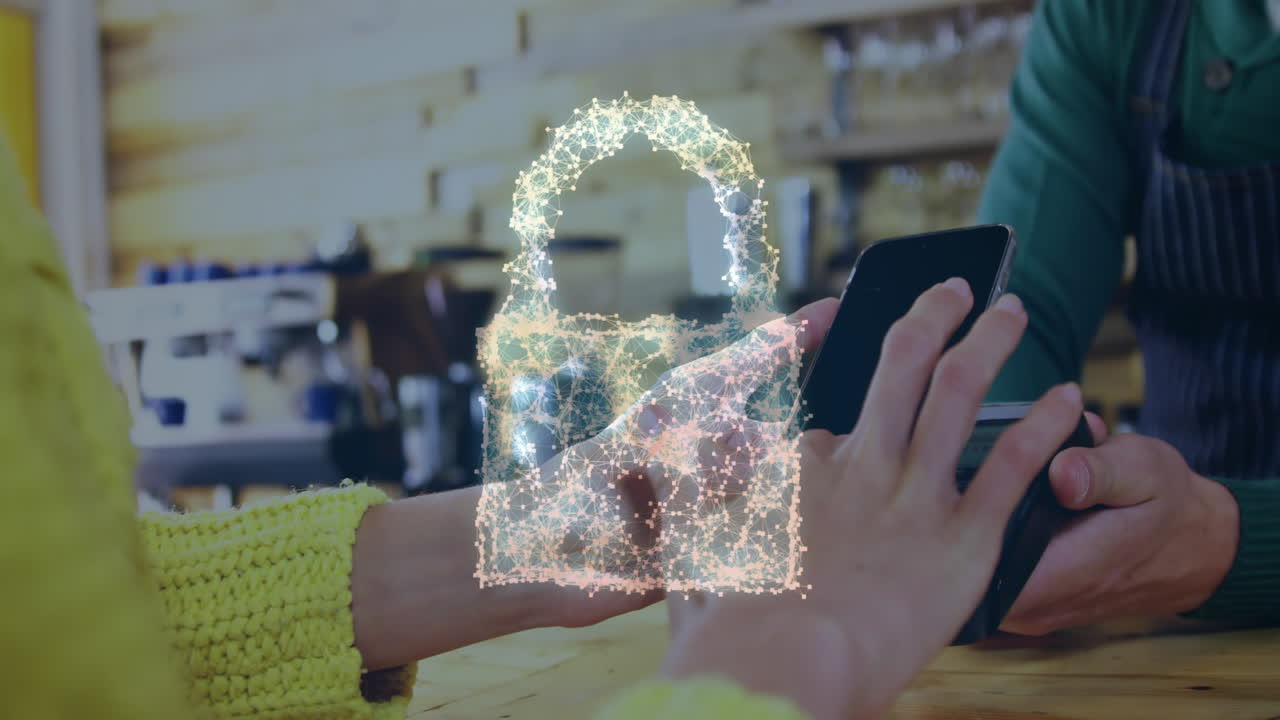 animación de la red de conexiones con el icono de la nube sobre las personas que utilizan la terminal de pago