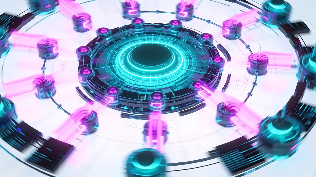 Receiving startup signal, circular device powering up on pale plane, hub pulsing, magenta conduits