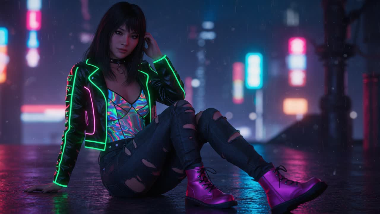 A captivating figure in a neon-lit urban landscape, sporting an iridescent outfit and stylish combat boots, embodies the essence of nightlife and youthful rebellion.