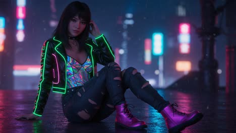 a captivating figure in a neon-lit urban landscape, sporting an iridescent outfit and stylish combat boots, embodies the essence of nightlife and youthful rebellion.