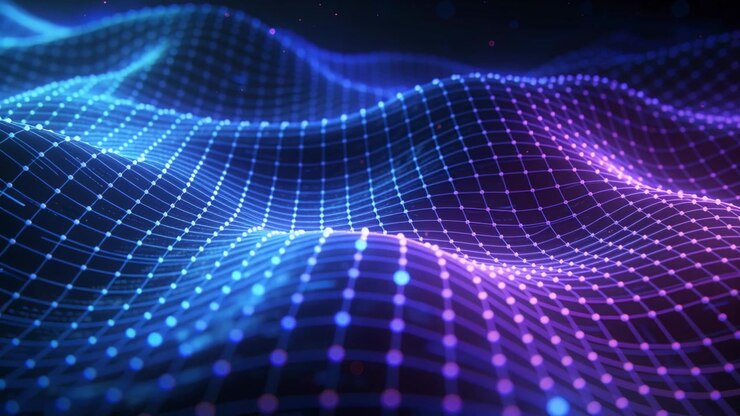 Showing luminous grid mesh rippling in dark void, frame start causing nodes pulsing for hue shift