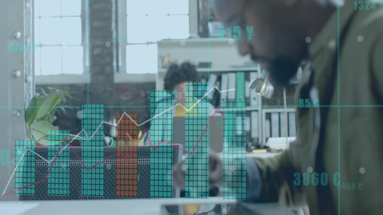 Animation of data processing over diverse business people working in office