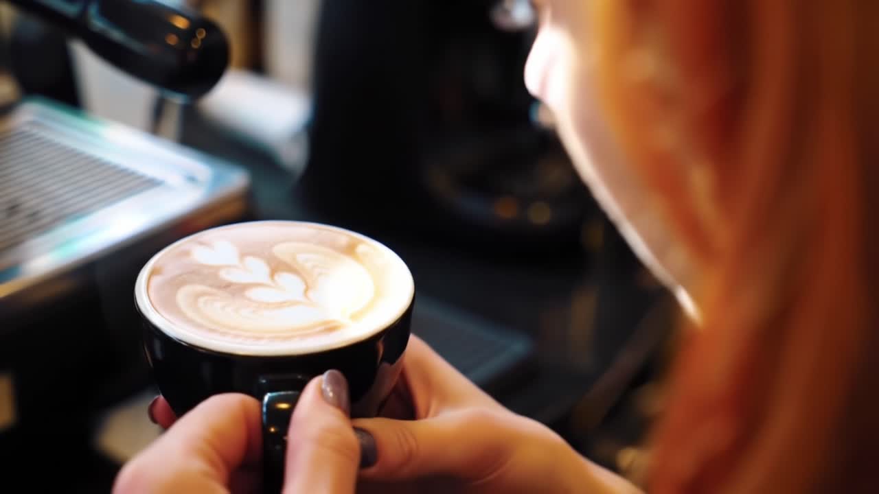 A Close-Up of an Artfully Crafted Coffee Drink: Capturing the Beauty and Detail of Latte Art in a Hands-on Experience with a Delightful Warm Beverage