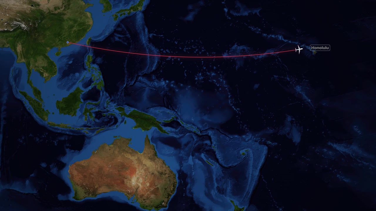 Animated Flight Path from Guangzhou to Honolulu on World Map