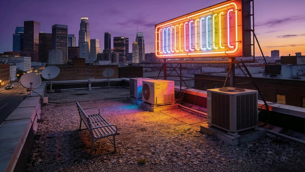 Outdoor de neon brilhando em resposta ao anoitecer no terraço, refletindo cores em unidades de HVAC e cascalho