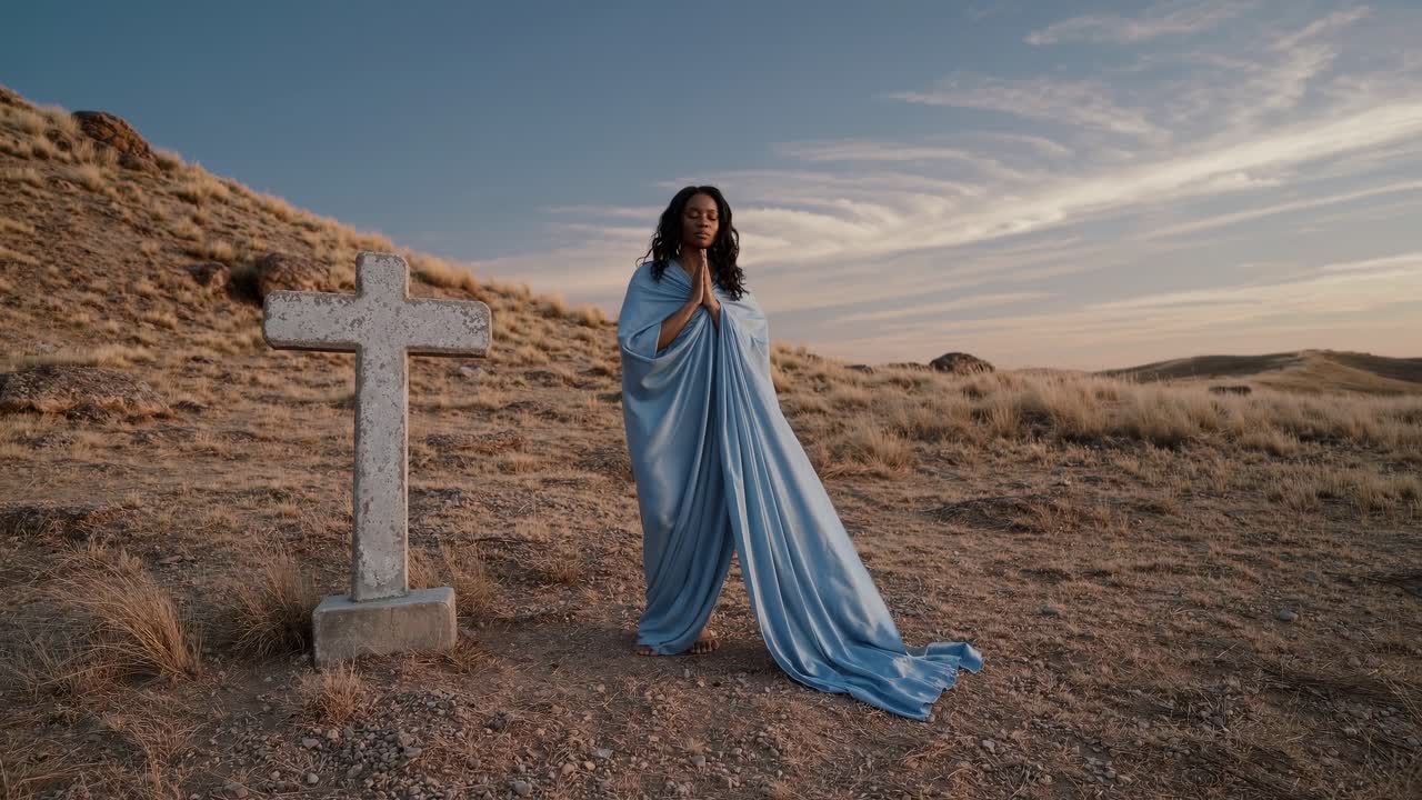 Young woman wearing a light blue dress is praying near a cross in a barren landscape at sunset, expressing devotion, spirituality, and faith in difficult times