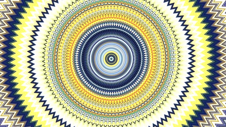 dynamic abstract background with kaleidoscope movements forming zigzag and spiral with circles and rotation turns in colors yellow, blue, orange, white and brown
