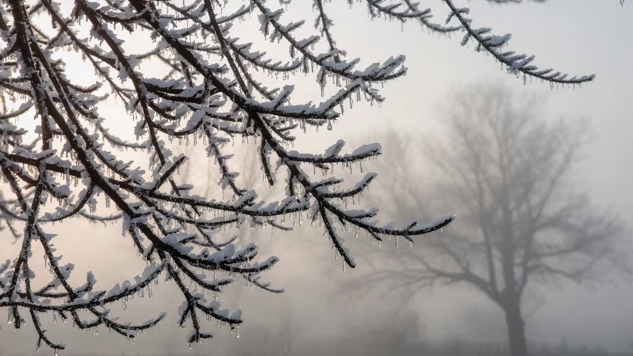 Shifting camera seeking icicle sparkle, focusing on snowy conifer branch at field, foggy tree