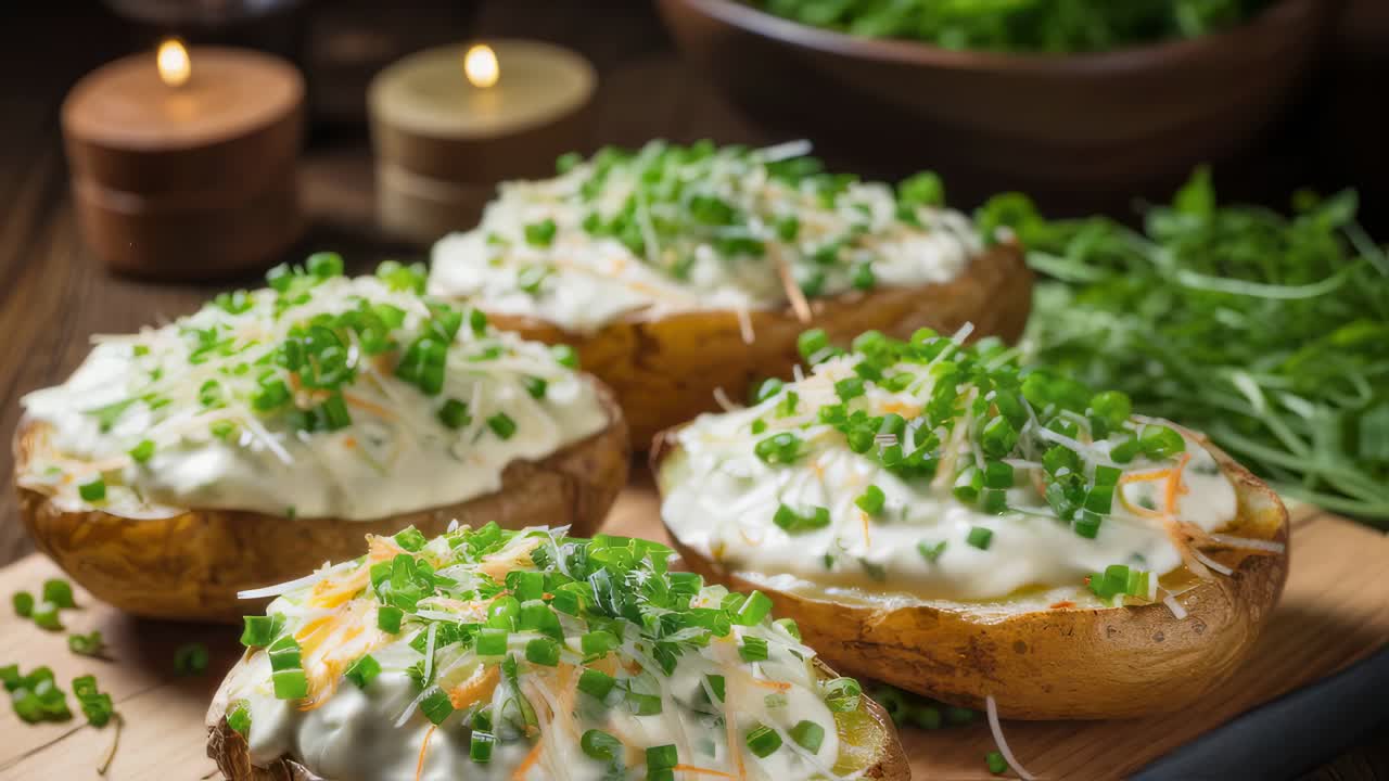 Four baked potatoes with cream cheese and chives resting on a wooden cutting board with some candles and a bowl of arugula in the background