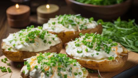 four baked potatoes with cream cheese and chives resting on a wooden cutting board with some candles and a bowl of arugula in the background