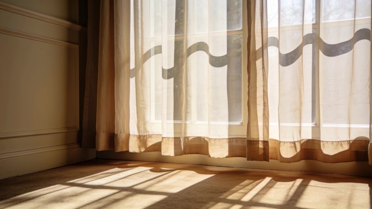Shifting sheer curtain responding to soft breeze at room corner, casting window muntin grid shadows
