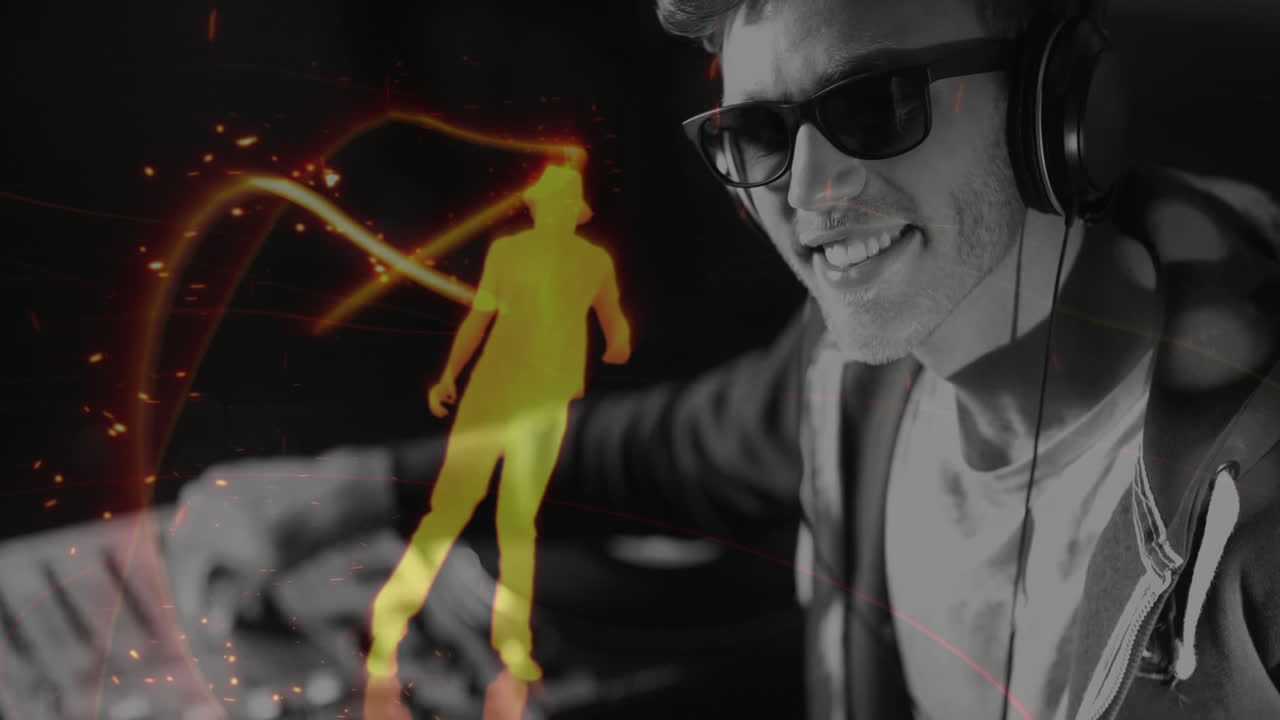 animación digital que muestra a un discotequista sonriente mezclando música en un pub 4k