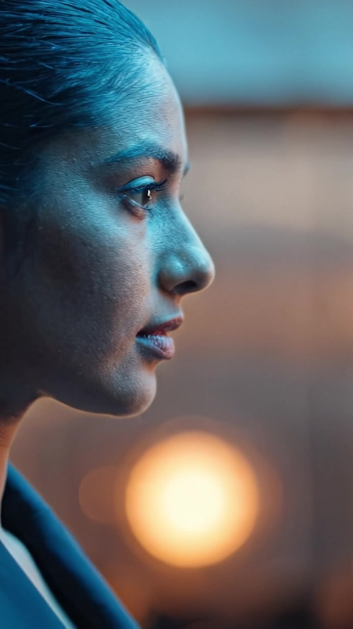 A profile view showcasing a woman's serene expression, illuminated by soft background lighting that enhances her features and evokes a sense of introspection and depth.