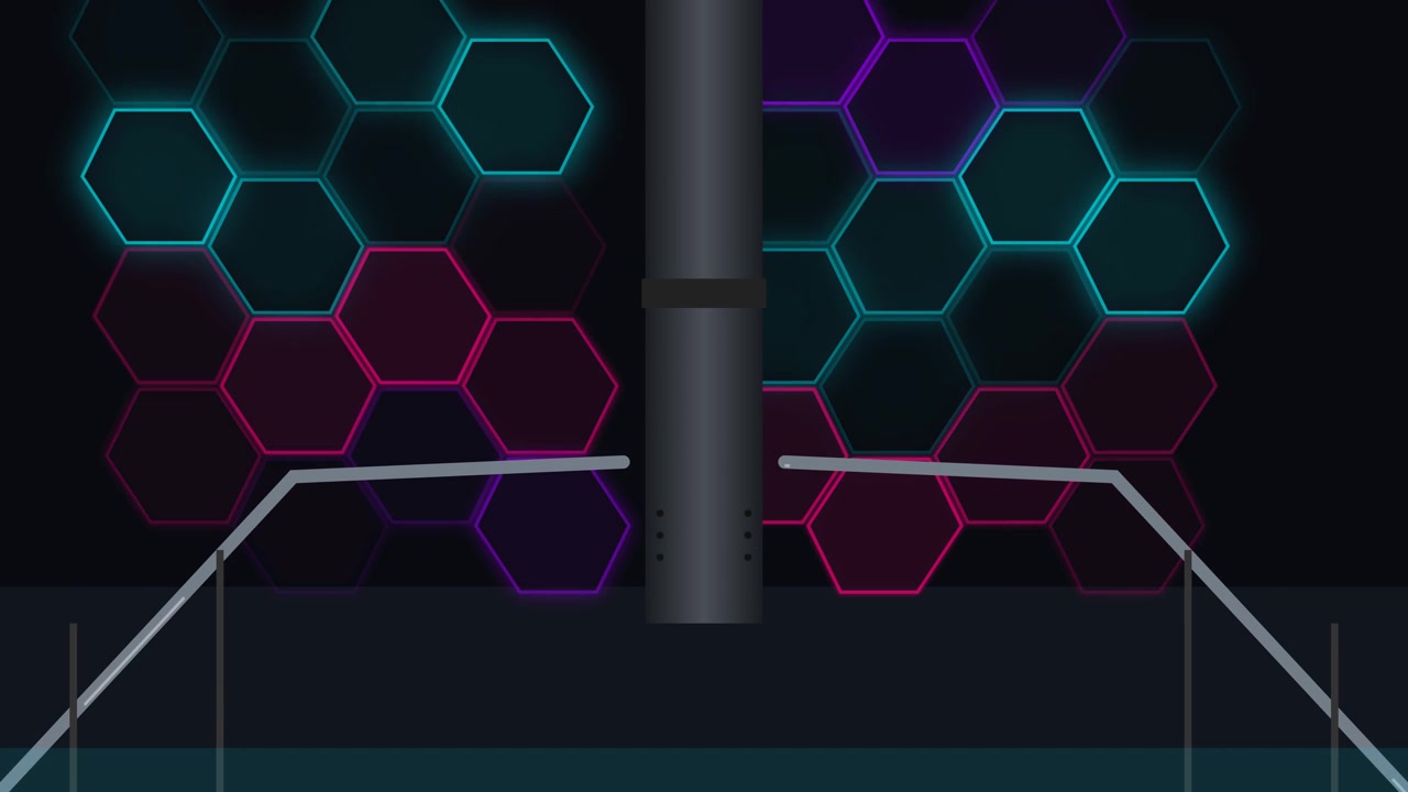 Gráfico de movimento abstrato com grade hexagonal brilhante e coluna central giratória