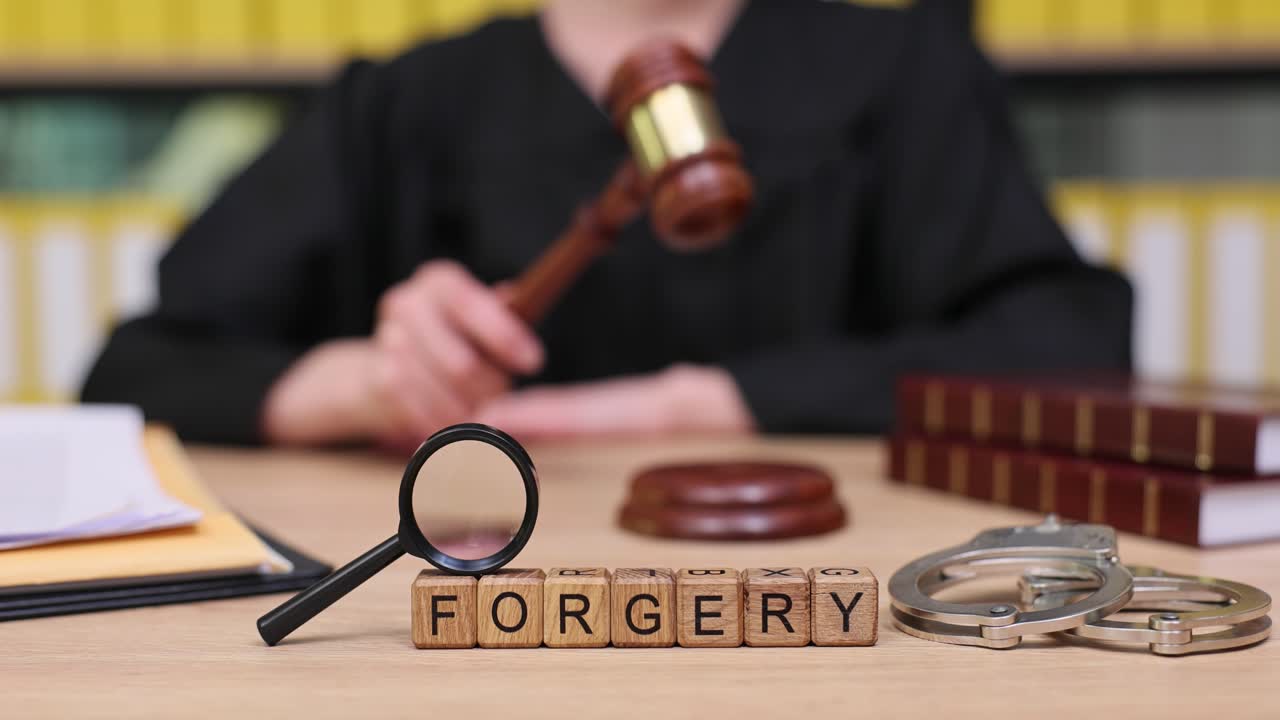 Forgery investigation with gavel and handcuffs